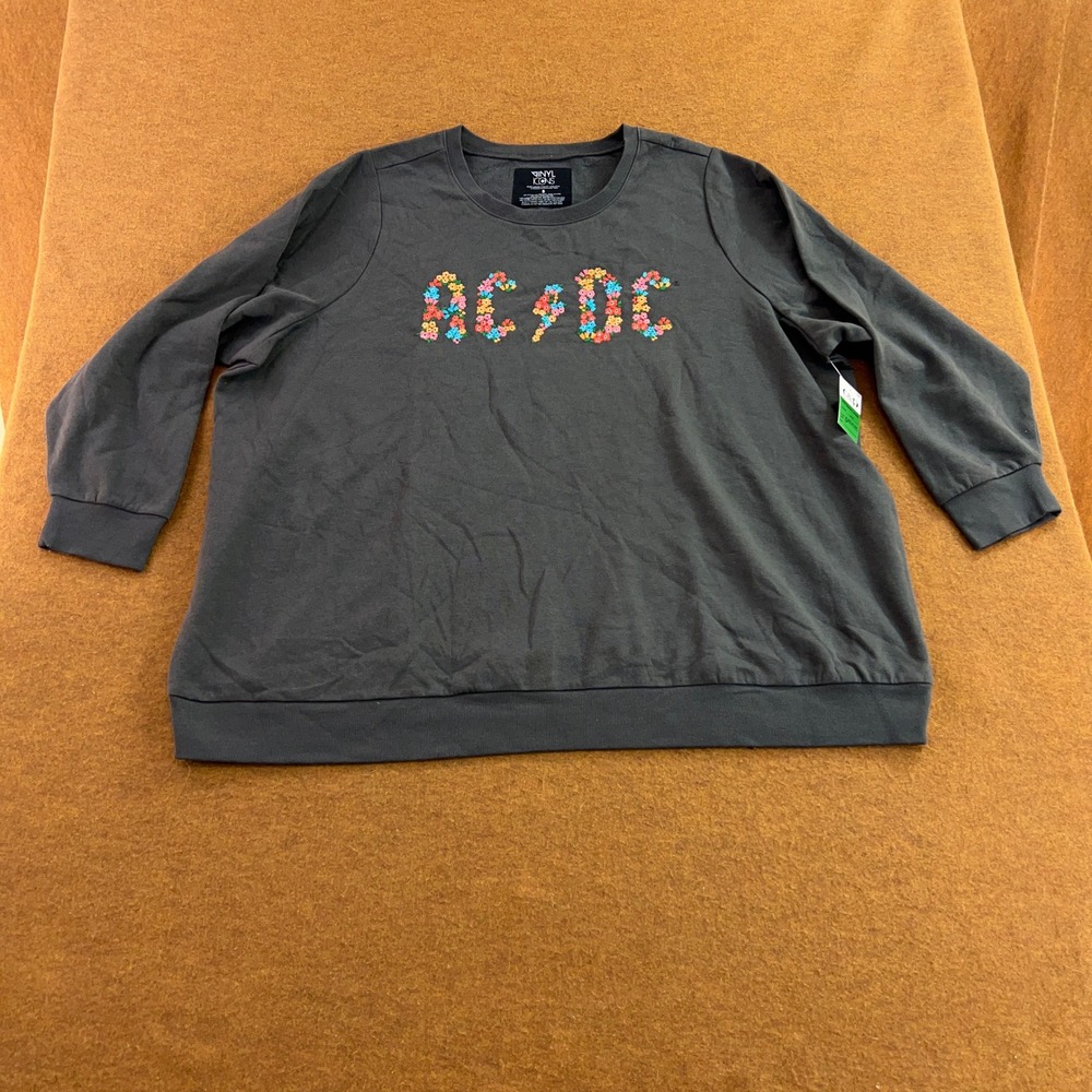 Vinyl Icons Womens 5X Gray Floral AC/DC Graphic Pullover Sweatshirt NWT